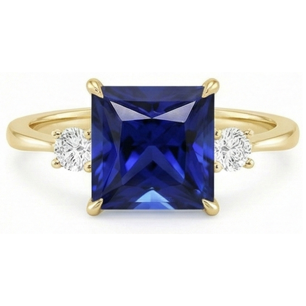 Yellow Gold 3 Stone Ring Princess Blue Sapphire & Natural Earth Mined Diamonds 5.25 Carats
