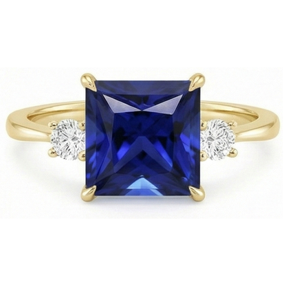 Yellow Gold 3 Stone Ring Princess Blue Sapphire & Natural Earth Mined Diamonds 5.25 Carats