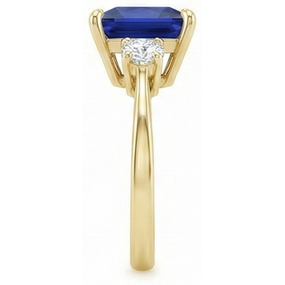 Yellow Gold 3 Stone Ring Princess Blue Sapphire & Natural Earth Mined Diamonds 5.25 Carats
