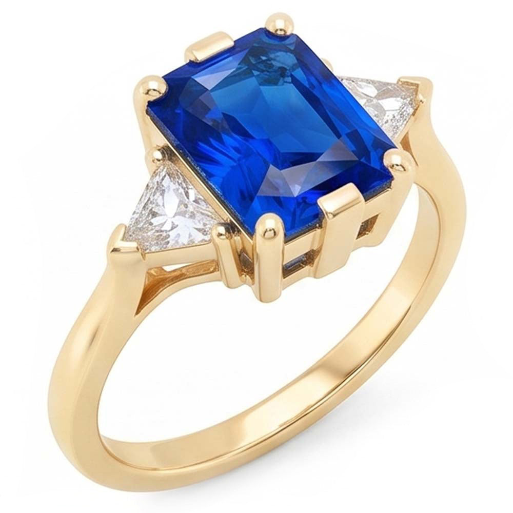 Yellow Gold 3 Stone Ring Radiant Sapphire 3 Carats Trillion Natural Earth Mined Diamonds