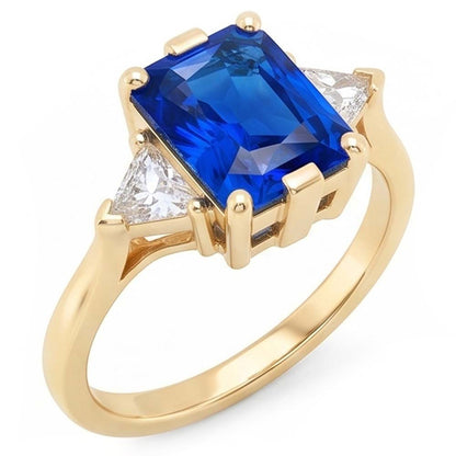 Yellow Gold 3 Stone Ring Radiant Sapphire 3 Carats Trillion Natural Earth Mined Diamonds