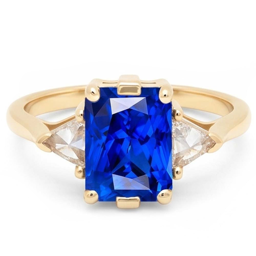 Yellow Gold 3 Stone Ring Radiant Sapphire 3 Carats Trillion Natural Earth Mined Diamonds