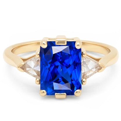 Yellow Gold 3 Stone Ring Radiant Sapphire 3 Carats Trillion Natural Earth Mined Diamonds