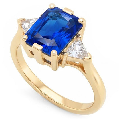 Yellow Gold 3 Stone Ring Radiant Sapphire 3 Carats Trillion Natural Earth Mined Diamonds