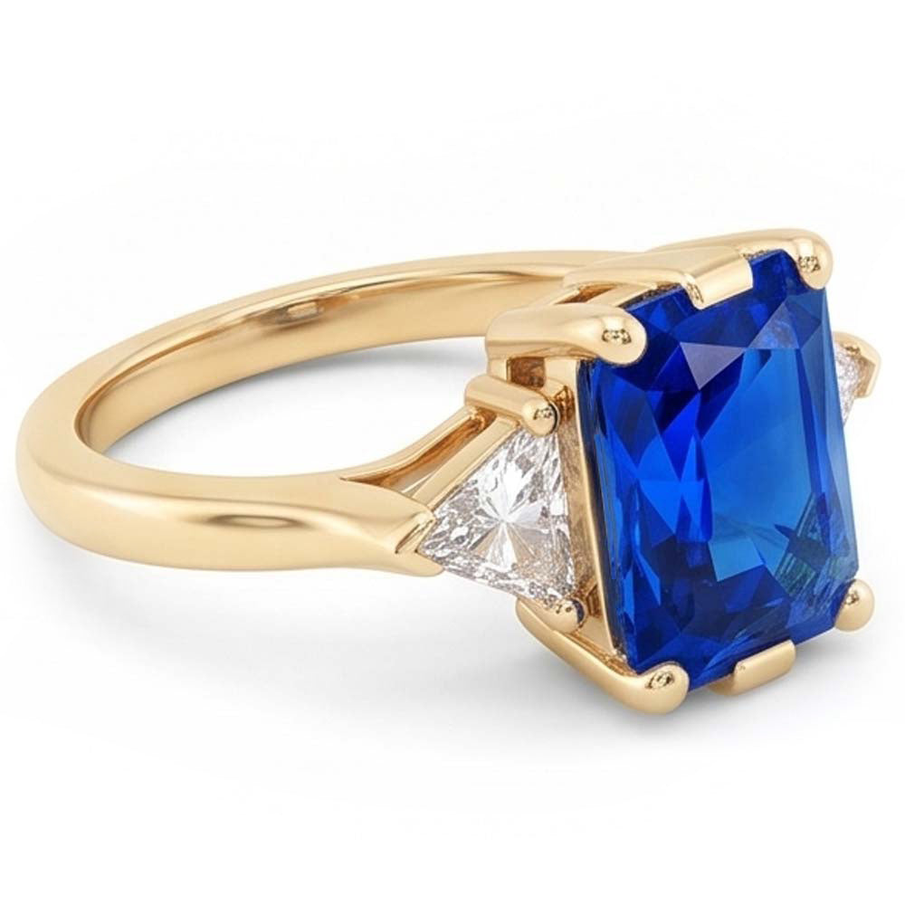 Yellow Gold 3 Stone Ring Radiant Sapphire 3 Carats Trillion Natural Earth Mined Diamonds
