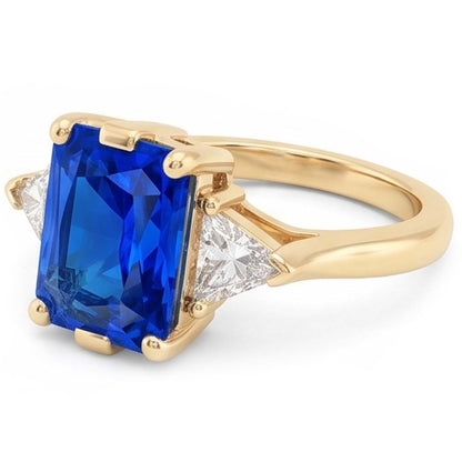 Yellow Gold 3 Stone Ring Radiant Sapphire 3 Carats Trillion Natural Earth Mined Diamonds