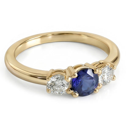 Yellow Gold 3 Stone Ring Round Blue Sapphire & Natural Earth Mined Diamonds 1.50 Carats