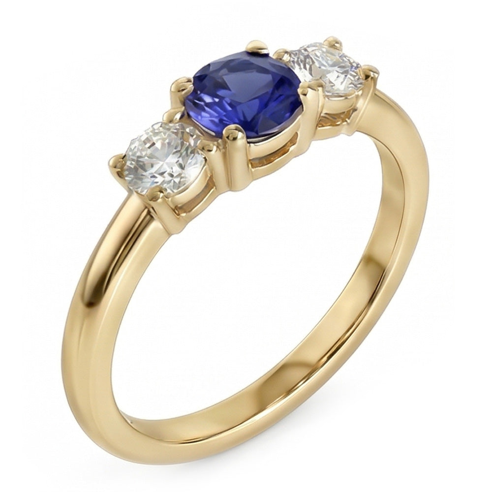 Yellow Gold 3 Stone Ring Round Blue Sapphire & Natural Earth Mined Diamonds 1.50 Carats