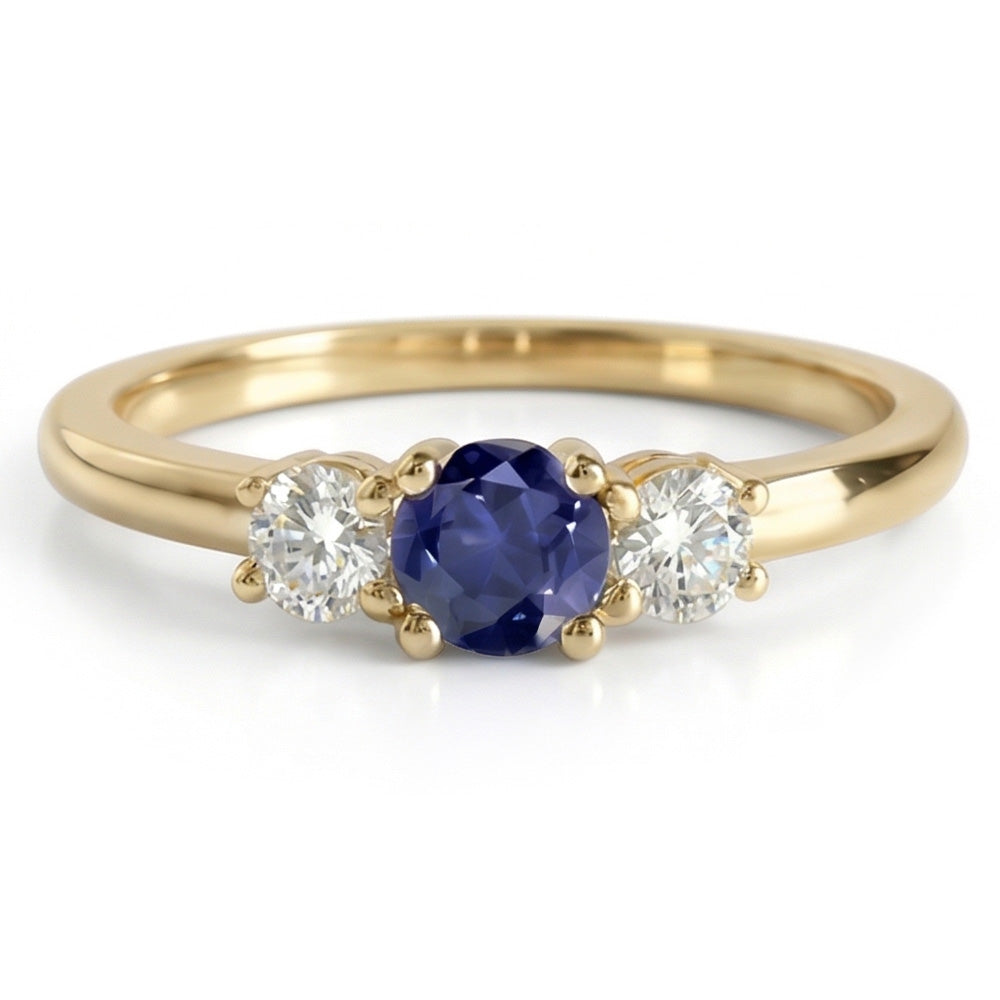 Yellow Gold 3 Stone Ring Round Blue Sapphire & Natural Earth Mined Diamonds 1.50 Carats