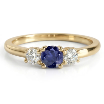 Yellow Gold 3 Stone Ring Round Blue Sapphire & Natural Earth Mined Diamonds 1.50 Carats