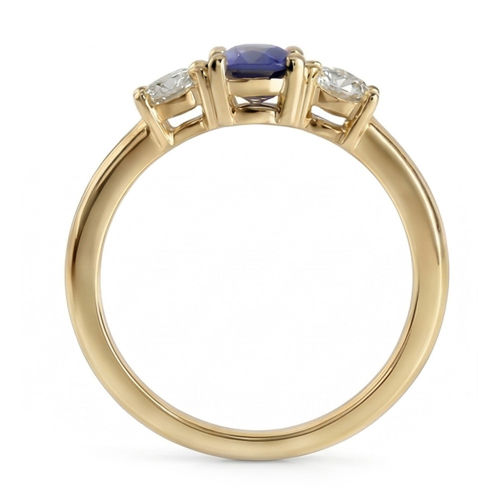 Yellow Gold 3 Stone Ring Round Blue Sapphire & Natural Earth Mined Diamonds 1.50 Carats
