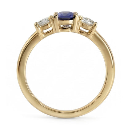 Yellow Gold 3 Stone Ring Round Blue Sapphire & Natural Earth Mined Diamonds 1.50 Carats