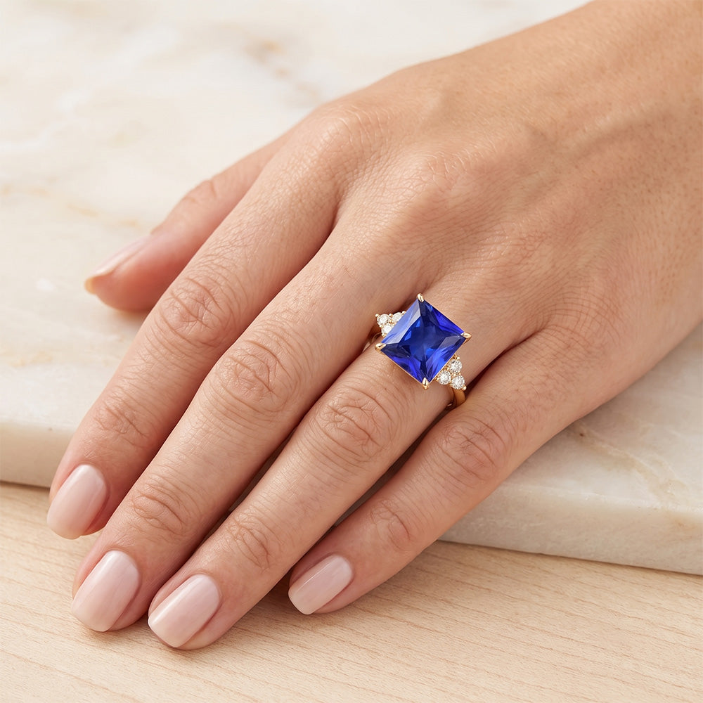 Yellow Gold Anniversary Ring Blue Sapphire & Natural Earth Mined Diamonds 5.25 Carats