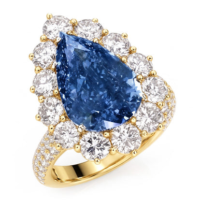 Yellow Gold Blue Natural Earth Mined Diamond Cocktail Ring