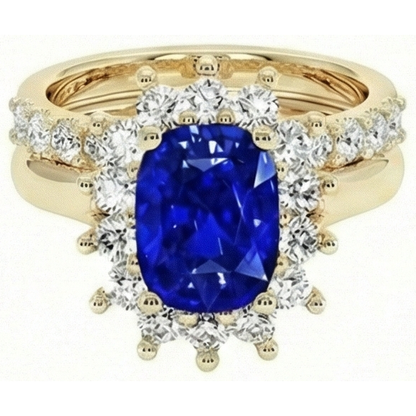 Yellow Gold Ceylon Sapphire Ring Set With Natural Earth Mined Diamond Accents 7.50 Carats