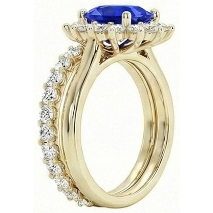 Yellow Gold Ceylon Sapphire Ring Set With Natural Earth Mined Diamond Accents 7.50 Carats