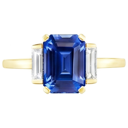 Yellow Gold Emerald Gemstone Ring Baguette Natural Earth Mined Diamonds 5 Carats 3 Stone