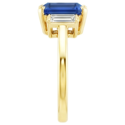 Yellow Gold Emerald Gemstone Ring Baguette Natural Earth Mined Diamonds 5 Carats 3 Stone