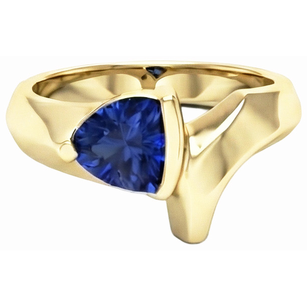 Natural Real ( Not Lab Grown )  Yellow Gold Gemstone Ring Trillion Shaped Ceylon Sapphire 1 Carat