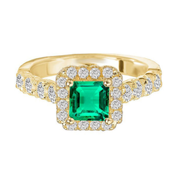 Yellow Gold Green Emerald Halo Ring With Accents