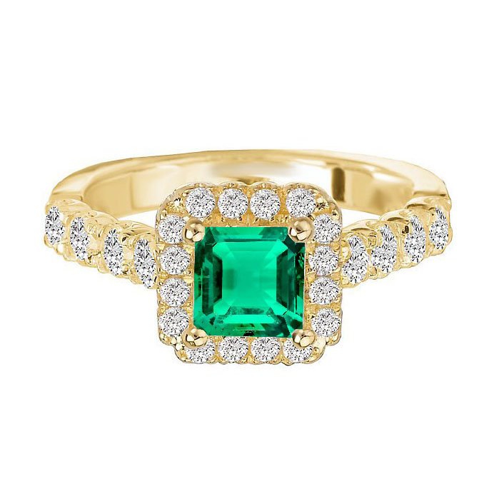 Yellow Gold Green Emerald Halo Ring With Accents 
