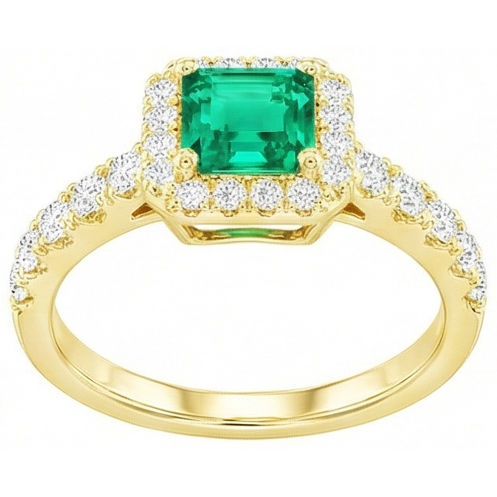 Natural Real ( Not Lab Grown ) Yellow Gold Green Emerald GIA Halo Ring With Accents