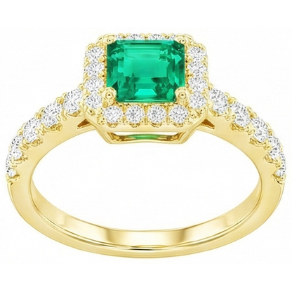 Natural Real ( Not Lab Grown ) Yellow Gold Green Emerald GIA Halo Ring With Accents