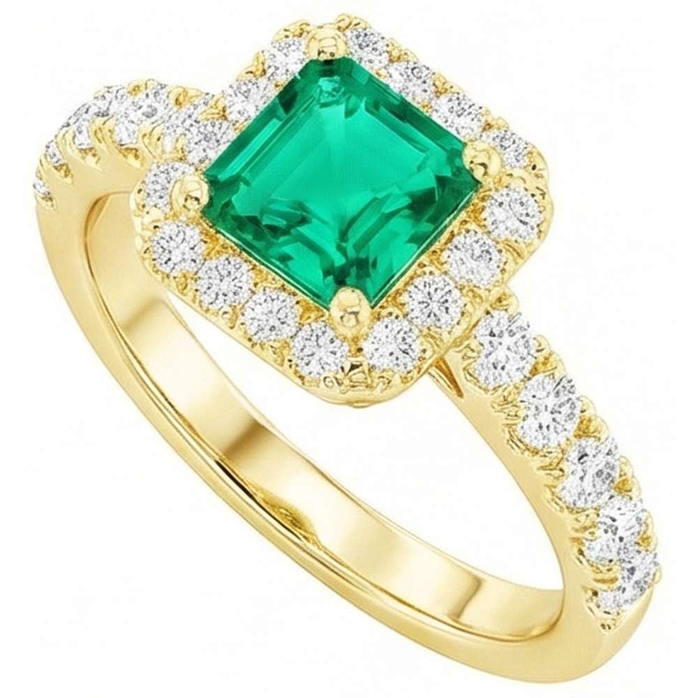 Natural Real ( Not Lab Grown ) Yellow Gold Green Emerald GIA Halo Ring With Accents