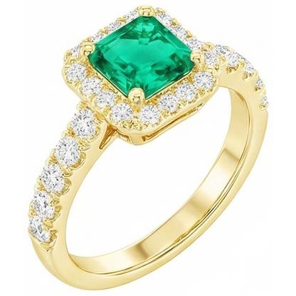 Natural Real ( Not Lab Grown ) Yellow Gold Green Emerald GIA Halo Ring With Accents