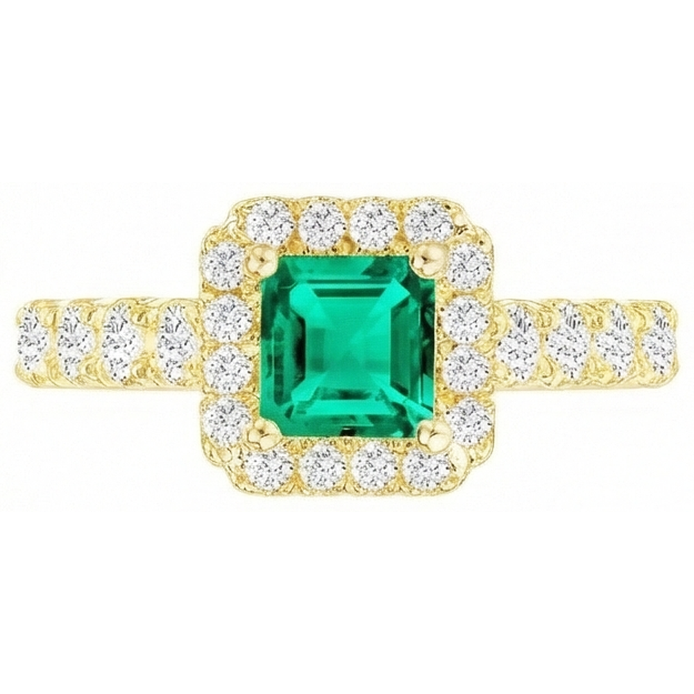 Natural Real ( Not Lab Grown ) Yellow Gold Green Emerald GIA Halo Ring With Accents