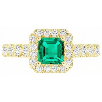 Natural Real ( Not Lab Grown ) Yellow Gold Green Emerald GIA Halo Ring With Accents