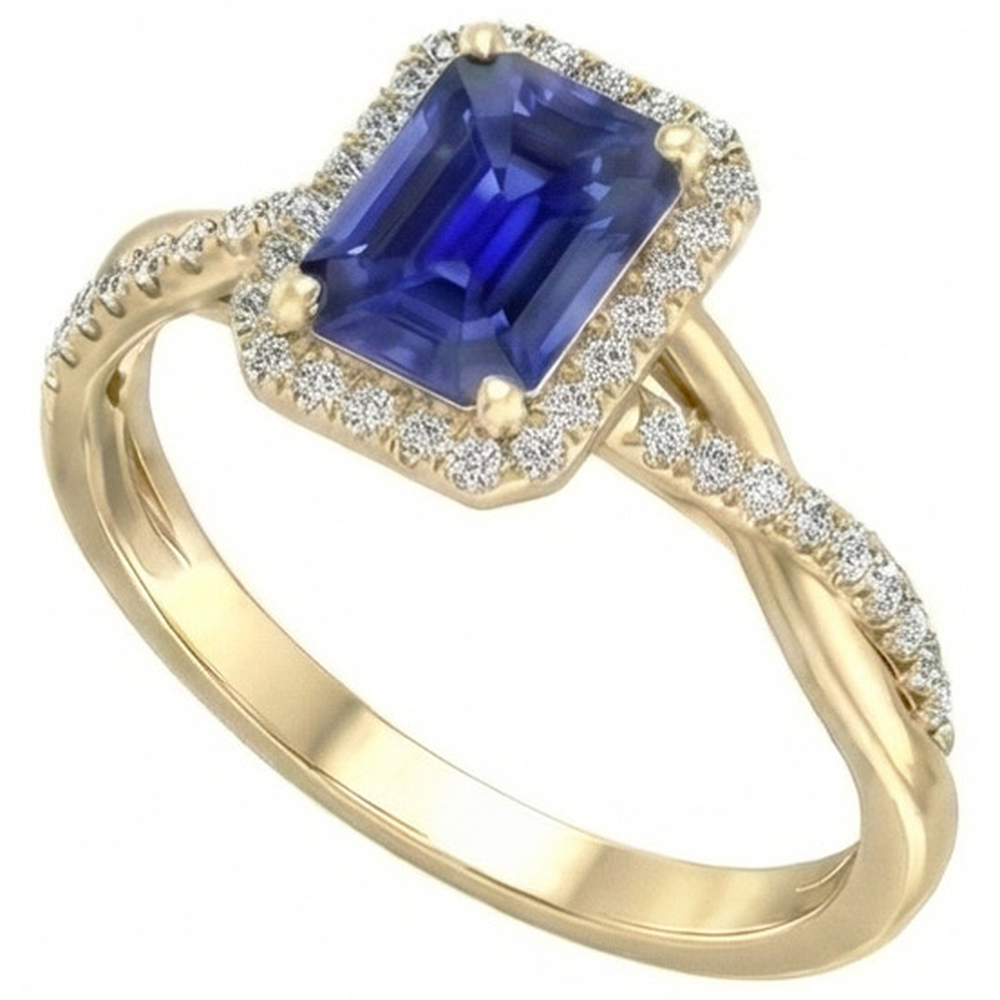 Natural Real ( Not Lab Grown )  Yellow Gold Halo Ring Emerald Shaped Sri Lankan Sapphire 3 Carats