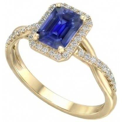 Natural Real ( Not Lab Grown )  Yellow Gold Halo Ring Emerald Shaped Sri Lankan Sapphire 3 Carats