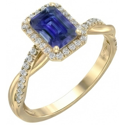 Natural Real ( Not Lab Grown )  Yellow Gold Halo Ring Emerald Shaped Sri Lankan Sapphire 3 Carats