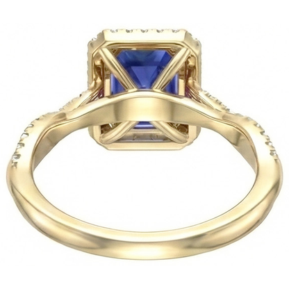 Natural Real ( Not Lab Grown )  Yellow Gold Halo Ring Emerald Shaped Sri Lankan Sapphire 3 Carats