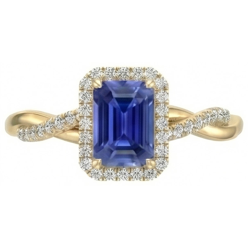 Natural Real ( Not Lab Grown )  Yellow Gold Halo Ring Emerald Shaped Sri Lankan Sapphire 3 Carats