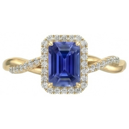 Natural Real ( Not Lab Grown )  Yellow Gold Halo Ring Emerald Shaped Sri Lankan Sapphire 3 Carats