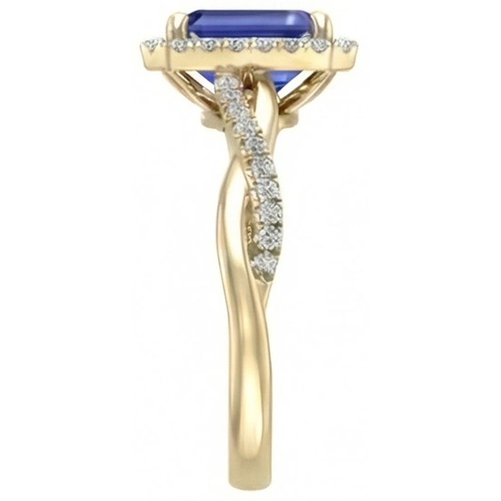 Natural Real ( Not Lab Grown )  Yellow Gold Halo Ring Emerald Shaped Sri Lankan Sapphire 3 Carats