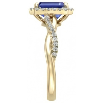 Natural Real ( Not Lab Grown )  Yellow Gold Halo Ring Emerald Shaped Sri Lankan Sapphire 3 Carats