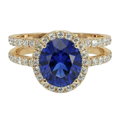 Yellow Gold IGI CERTIFIED Diamond Engagement Ring Set Oval Ceylon Color Sapphire Jewelry