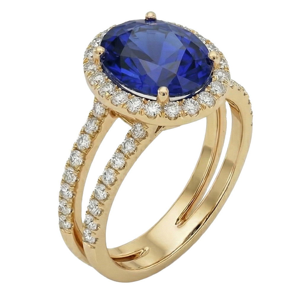 Yellow Gold IGI CERTIFIED Diamond Engagement Ring Set Oval Ceylon Color Sapphire Jewelry