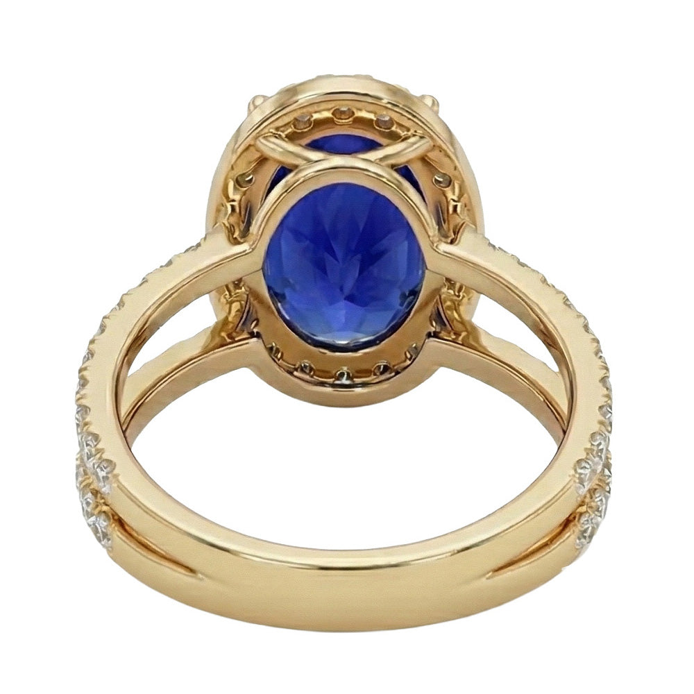 Yellow Gold IGI CERTIFIED Diamond Engagement Ring Set Oval Ceylon Color Sapphire Jewelry