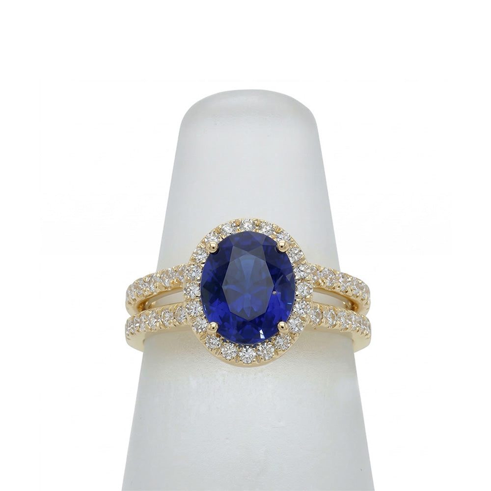 Yellow Gold IGI CERTIFIED Diamond Engagement Ring Set Oval Ceylon Color Sapphire Jewelry