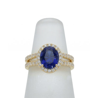 Yellow Gold IGI CERTIFIED Diamond Engagement Ring Set Oval Ceylon Color Sapphire Jewelry