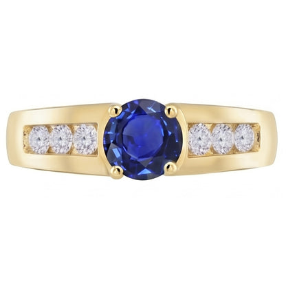 Yellow Gold Natural Earth Mined Diamond Anniversary Ring Deep Blue Sapphire 1.75 Carats