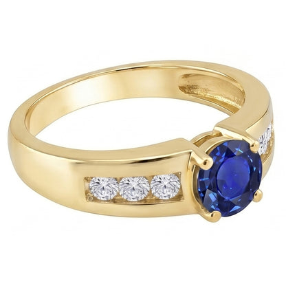 Yellow Gold Natural Earth Mined Diamond Anniversary Ring Deep Blue Sapphire 1.75 Carats