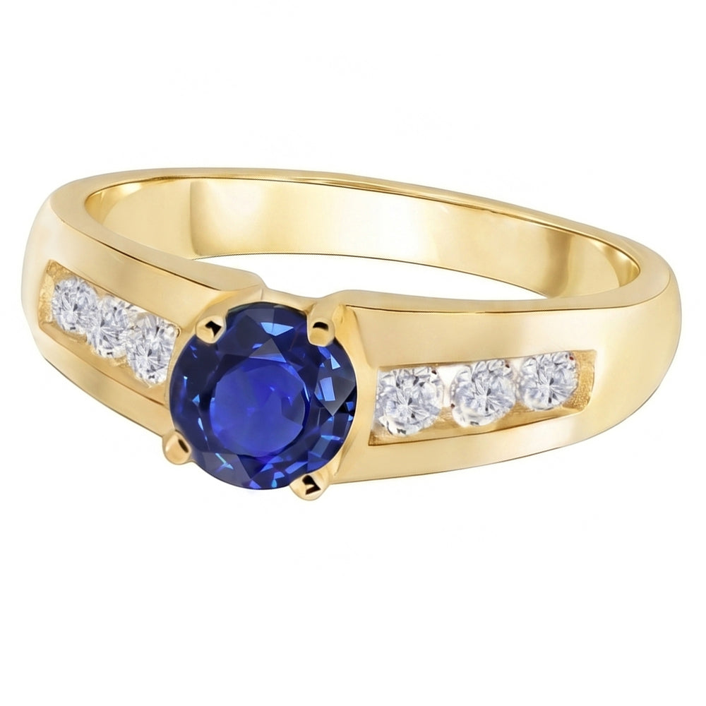 Yellow Gold Natural Earth Mined Diamond Anniversary Ring Deep Blue Sapphire 1.75 Carats