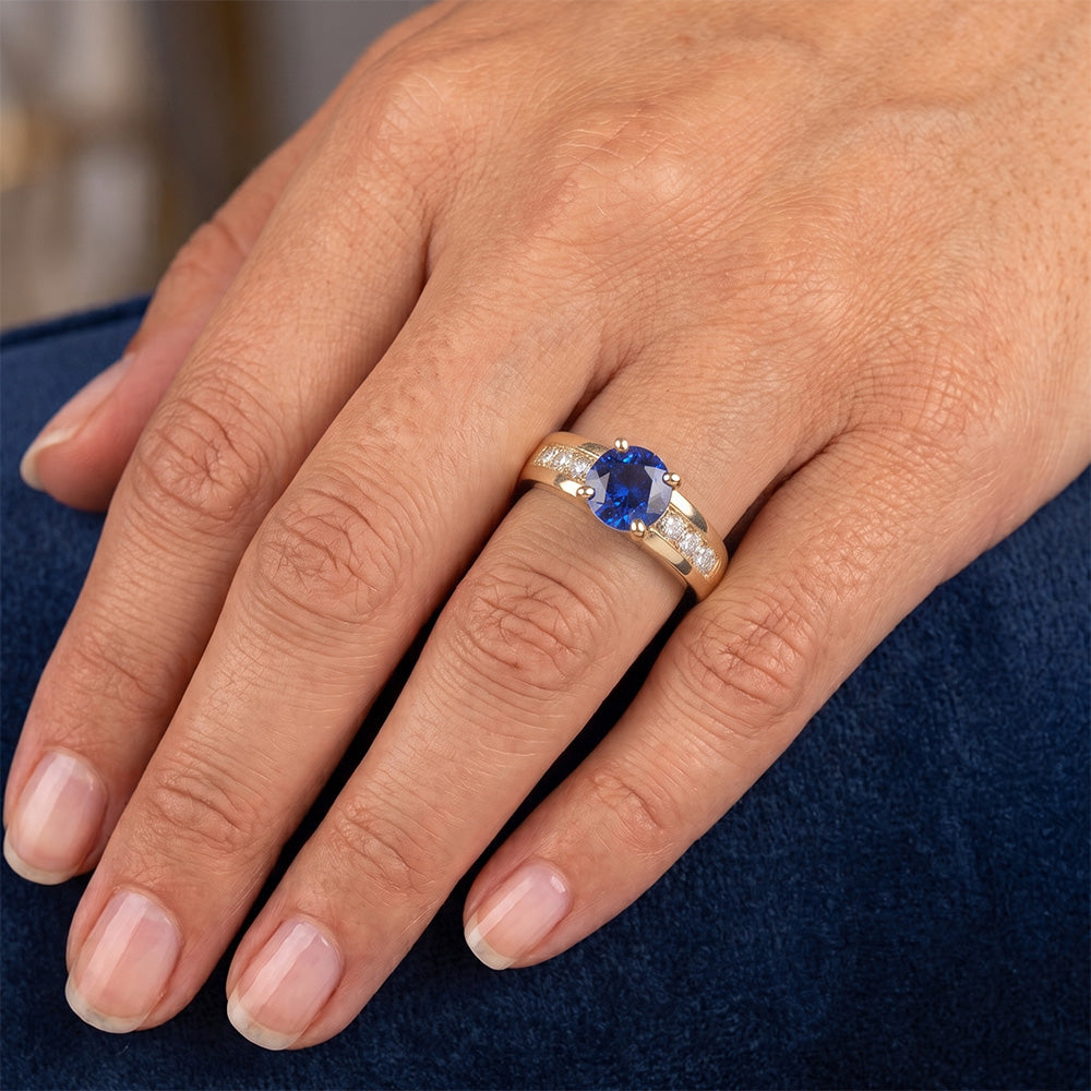 Yellow Gold Natural Earth Mined Diamond Anniversary Ring Deep Blue Sapphire 1.75 Carats