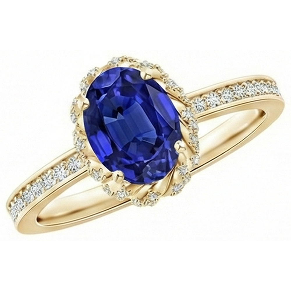 Yellow Gold Natural Earth Mined Diamond Halo Ring Oval Cut Ceylon Sapphire New 5.50 Carats