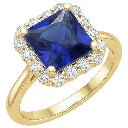 Yellow Gold Natural Earth Mined Diamond Halo Ring With Princess Cut Blue Sapphire 6 Carats